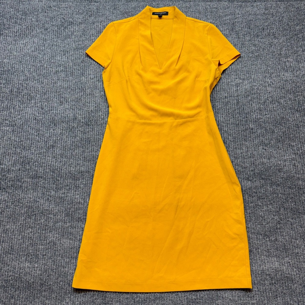 Banana Republic Womens 0 Yellow Pleat Neck Sheath Dress Short Sleeve Career
